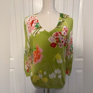 Lightweight Vibrant Green and Pink Floral Women's V-Neck Top/Sweater, Size S
